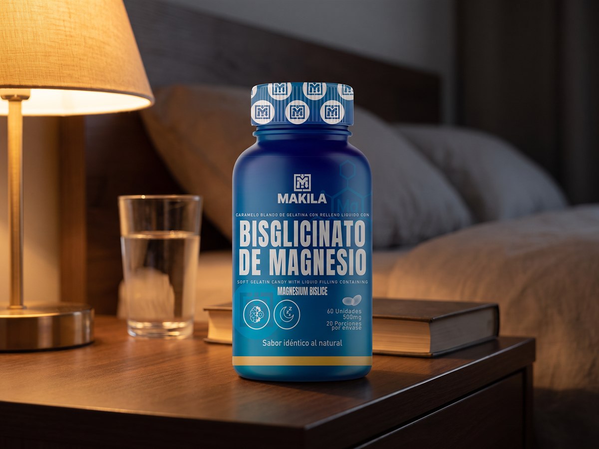 El frasco Makila de bisglicinato de magnesio sobre la mesa de noche, junto a un vaso de agua, un libro y una lámpara encendida