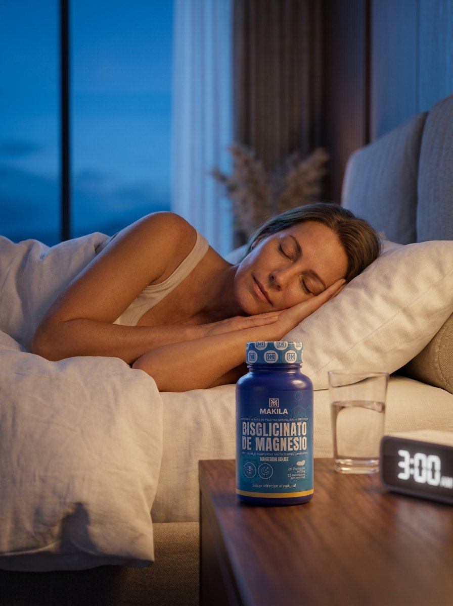 Mujer durmiendo profundamente; sobre la mesa de noche, el frasco Makila de bisglicinato de magnesio, un vaso de agua y un reloj marcando las 3:00